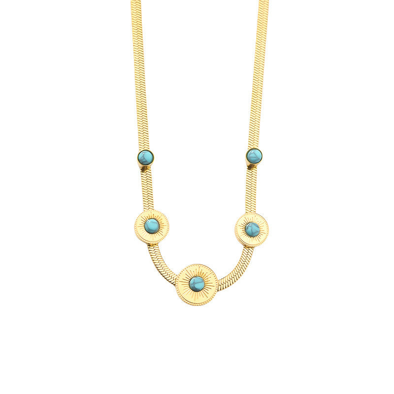 Bohemian Style Oval Turquoise Pendant Necklace for Women and Men in Titanium Steel with Plated Finish on Snake Chain