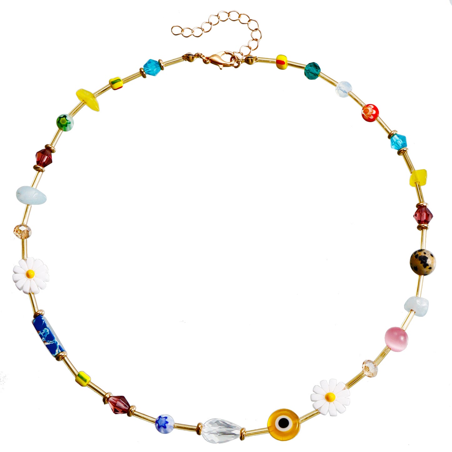 Bohemian Geometric Pendant Necklace for Women with Electroplated Metal Beads and Crystal Strands