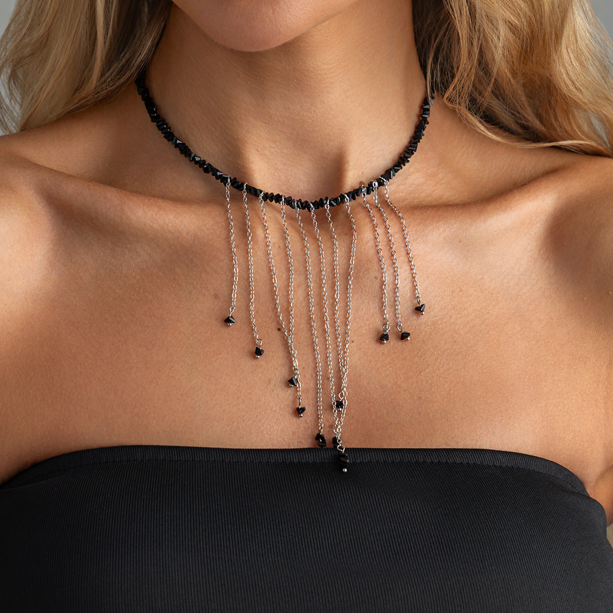 Minimalist Geometric Triangle Crystal Beaded Necklace with Iron Pendant and Tassel for Women Men