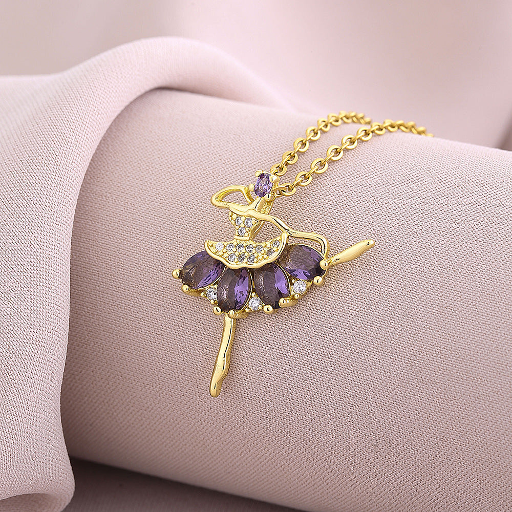 Elegante Collar Colgante de Bailarina de Ballet para Mujer en Cobre con Incrustaciones de Circonita Cúbica en Cadena O-Chain, Cadena de Clavícula de Lujo Minimalista