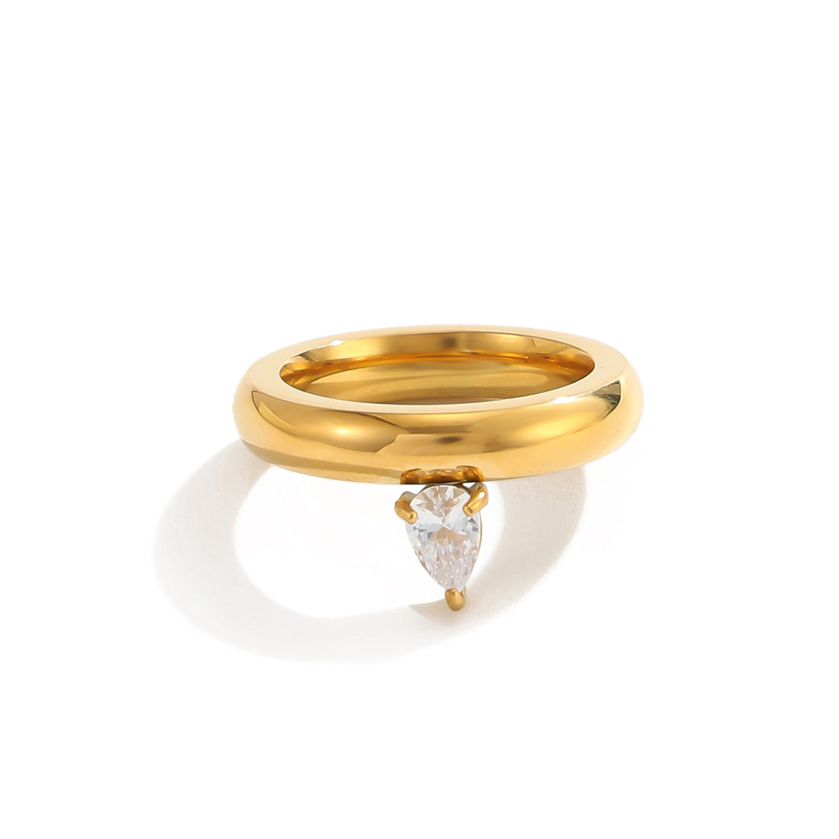 Minimalist Geometric Teardrop Stainless Steel Ring with Cubic Zirconia PVD 18K Gold Plated for Women