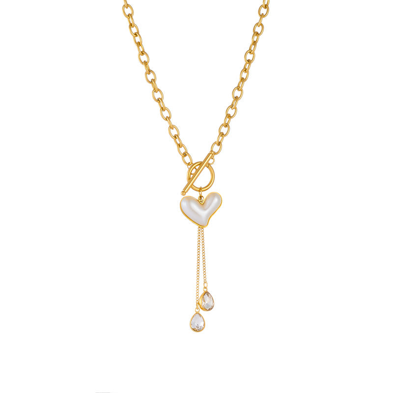 Vintage Fashion Pearl Heart Pendant Stainless Steel Gold Plated Necklace with Tassel and OT Clasp