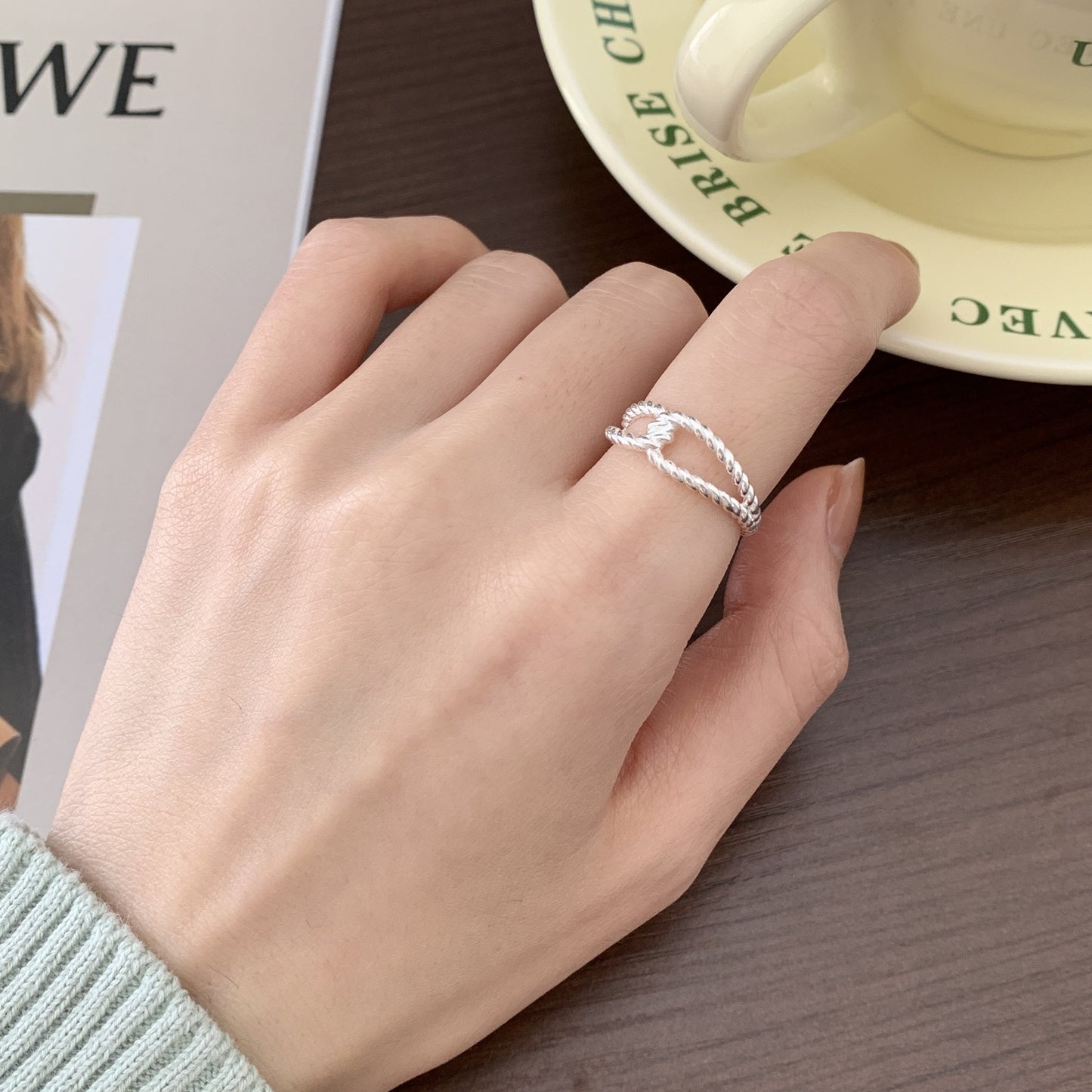 Minimalist Sweet 925 Sterling Silver Heart Geometric Twisted Rope Ring for Women