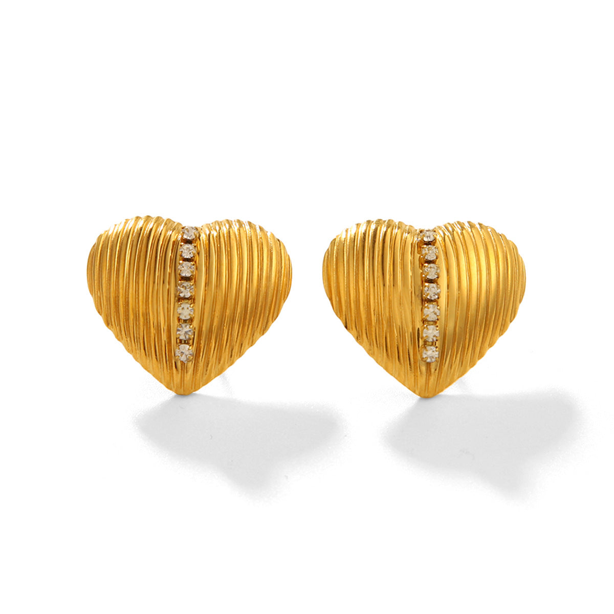 Trendy 18K Gold Plated Stainless Steel Heart Stud Earrings with Rhinestone Inlay for Women