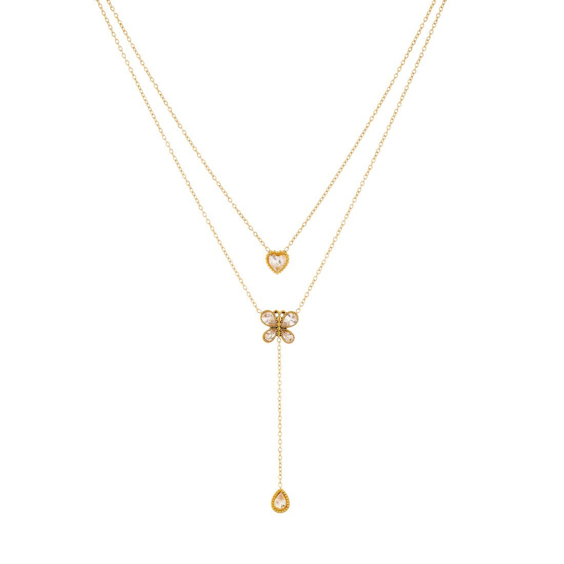 Minimalist Gold Plated Stainless Steel Heart Butterfly Rhinestone Pendant Necklace for Women