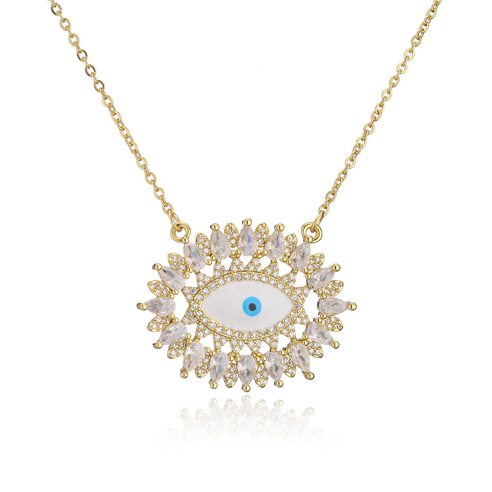 Collana da donna a sospensione geometrica minimalista in rame con placcatura in oro 18K e intarsio completo di zirconi a forma di occhio di Nazar