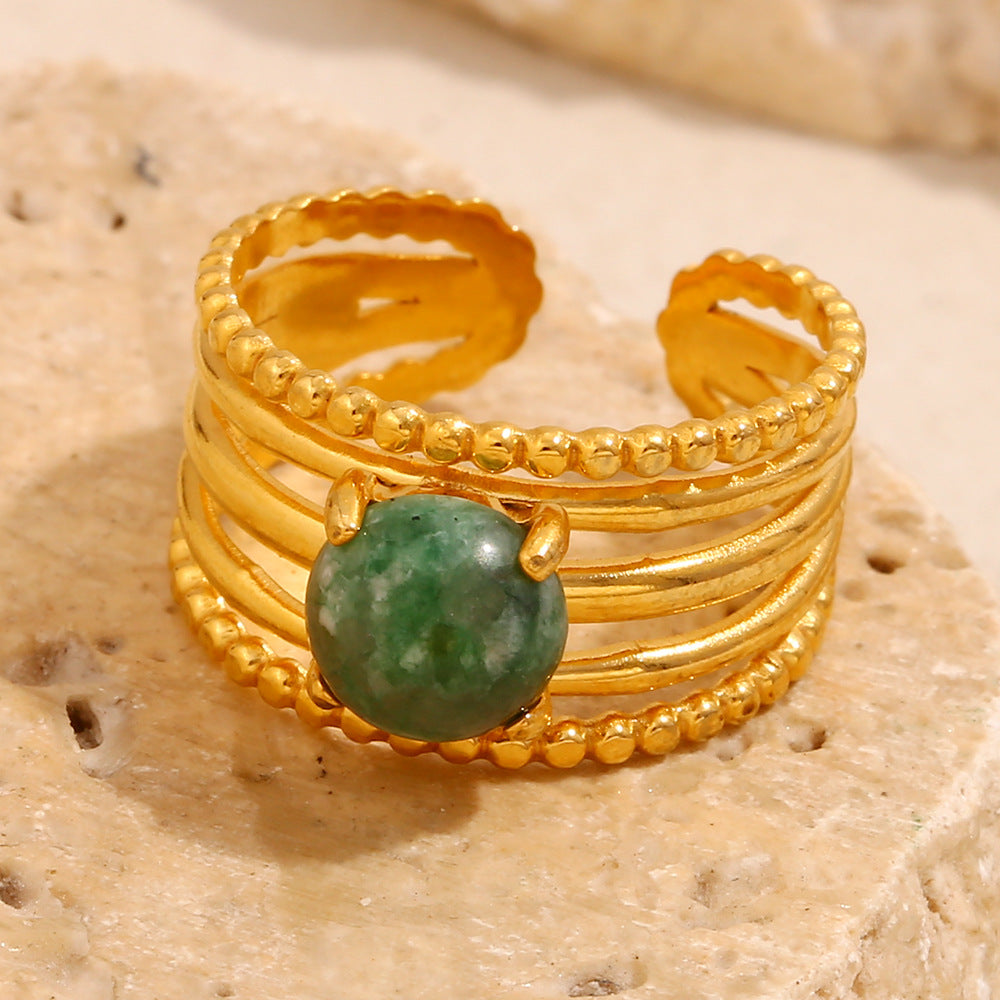 Vintage Style Geometric Stainless Steel Ring with 18K Gold Plating and Jade Stone Accent for Women