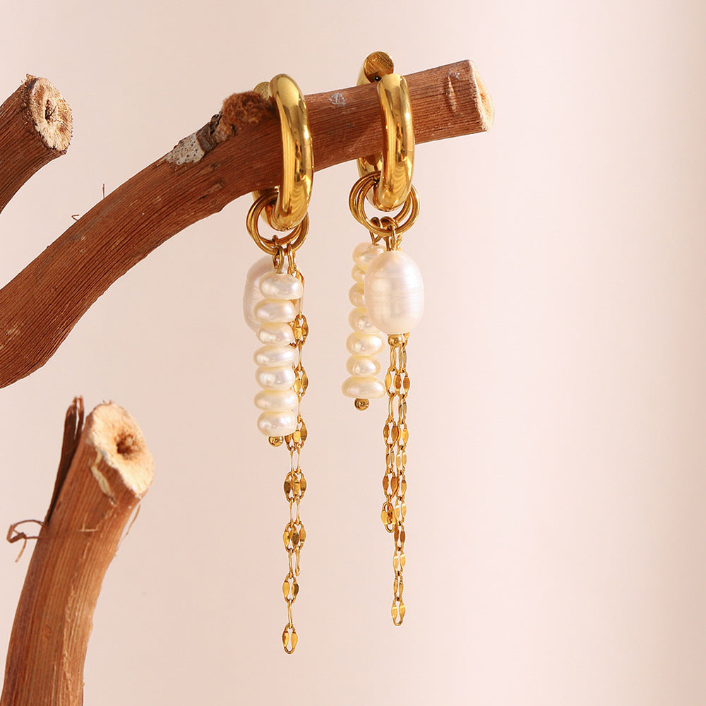 Minimalist Geometric Stainless Steel Earrings with 18K Gold Plating, Pearl-Embellished Chain Tassel Design for Women