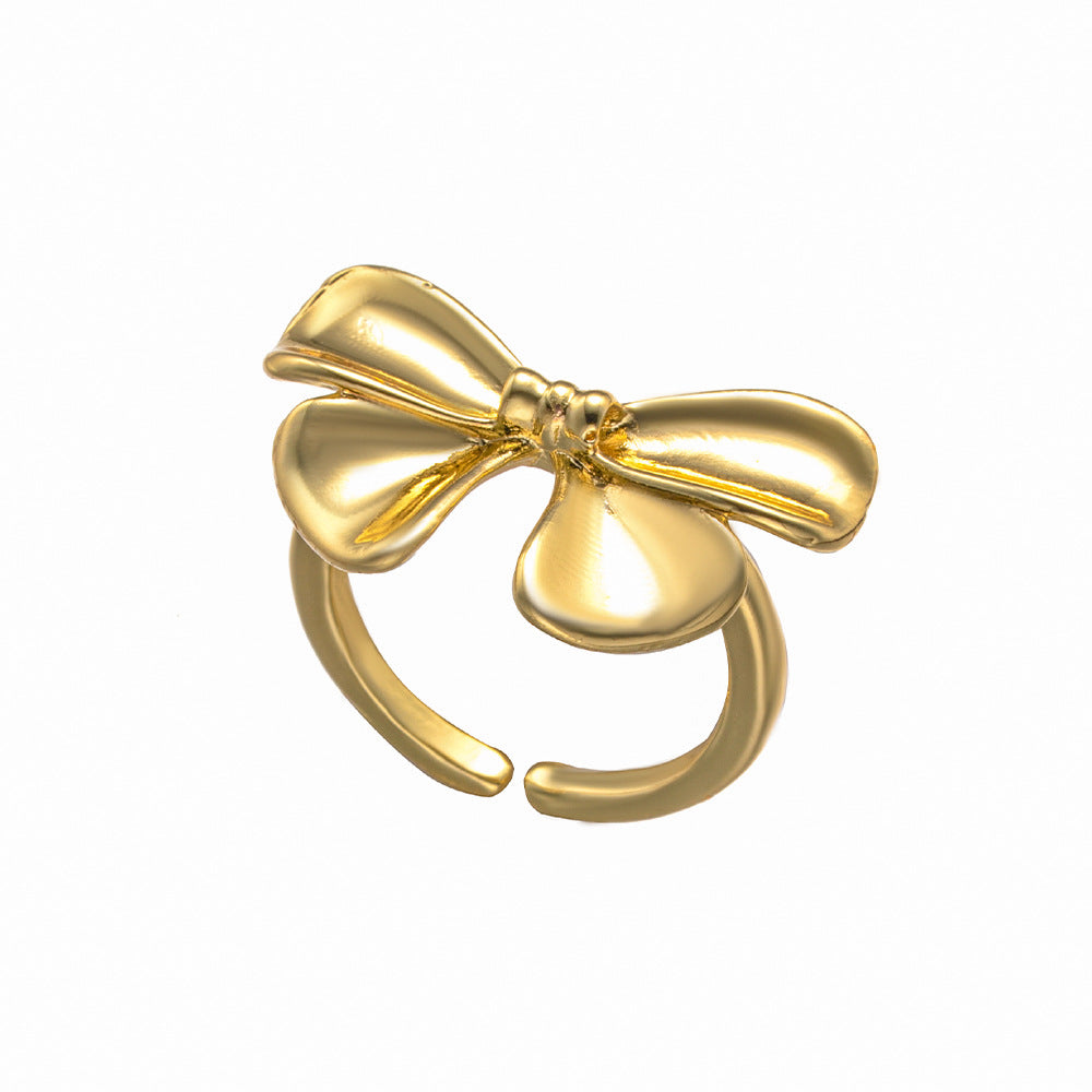 Minimalist Bow-Shaped Ring for Women in Copper with 18K Gold Plating, Adjustable Open Band Design