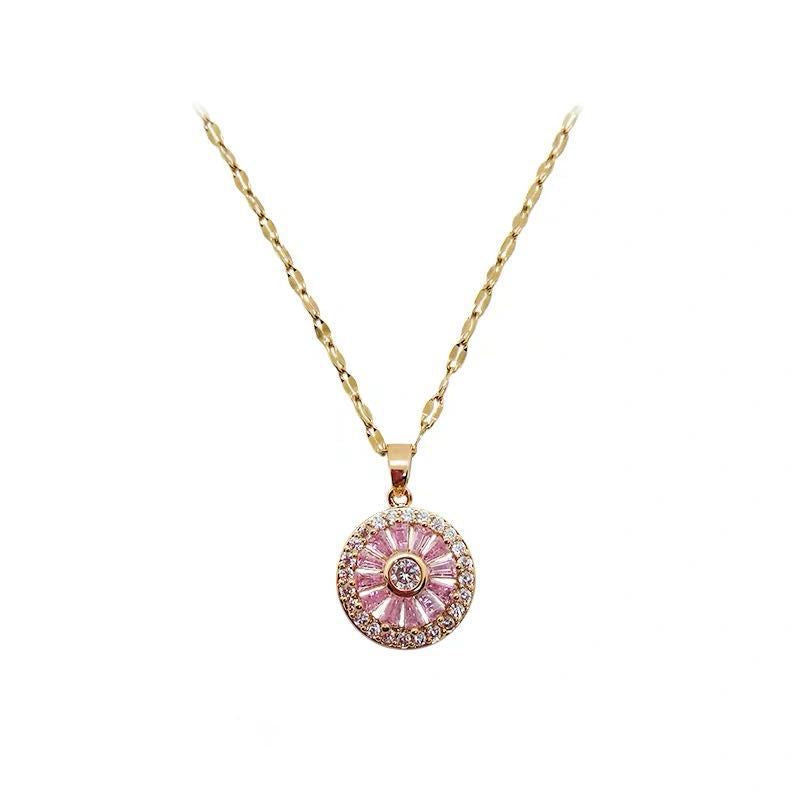 Minimalist Rotating Pink Necklace for Women with Geometric Pendant, Titanium Steel Chain, Zircon Inlay, Daisy and Sunflower Floral Pattern, Long Sweater Chain