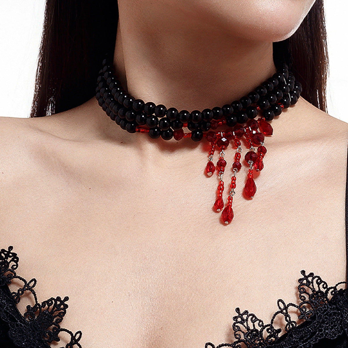 Gothic Geometric Teardrop Crystal Pendant Imitation Pearl Ball Chain Choker Necklace with Tassel for Women