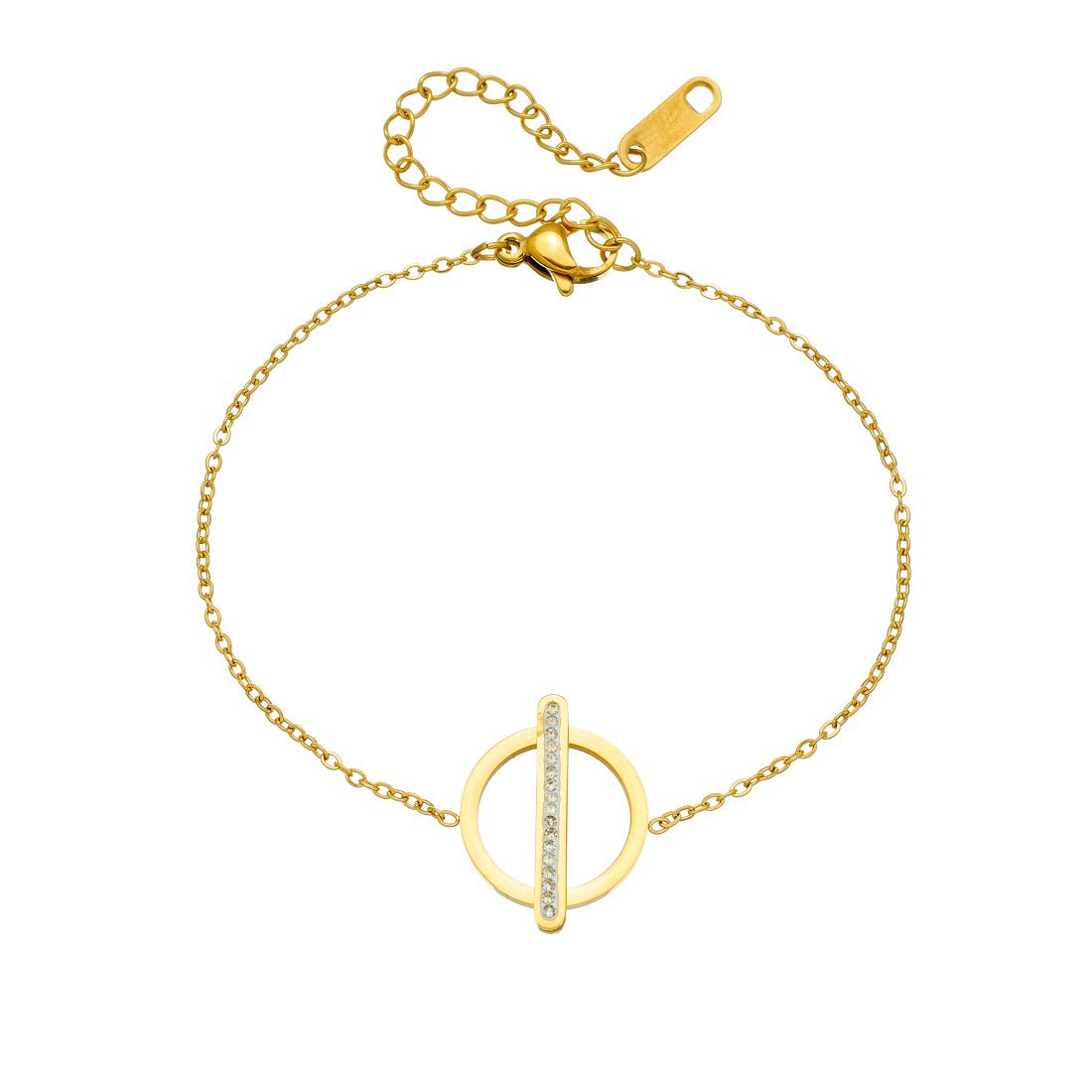Minimalist Gold Plated Geometric Round Rectangle Rhinestone Inlay Stainless Steel Pendant Chain Bracelet for Women
