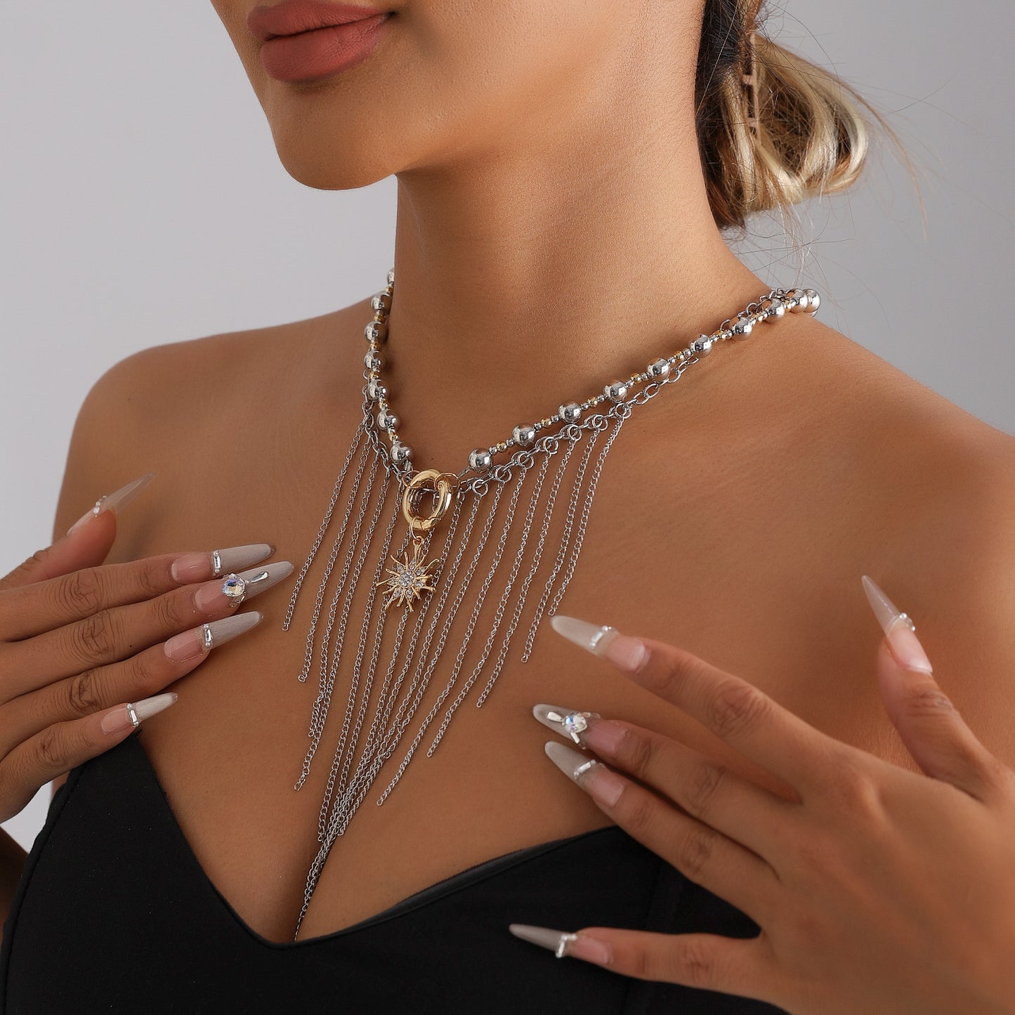 Luxury Geometric Round Beaded Sunflower Tassel Necklace Alloy Plated Multi-layer Chain for Women