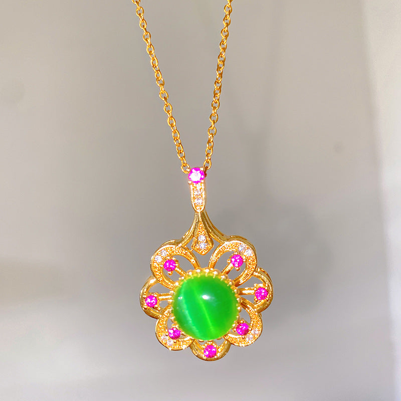 Sporty Sweet Rotatable Cat Eye Floral Heart Titanium Steel Necklace with Gold Plated Brass Pendant on Cable Chain