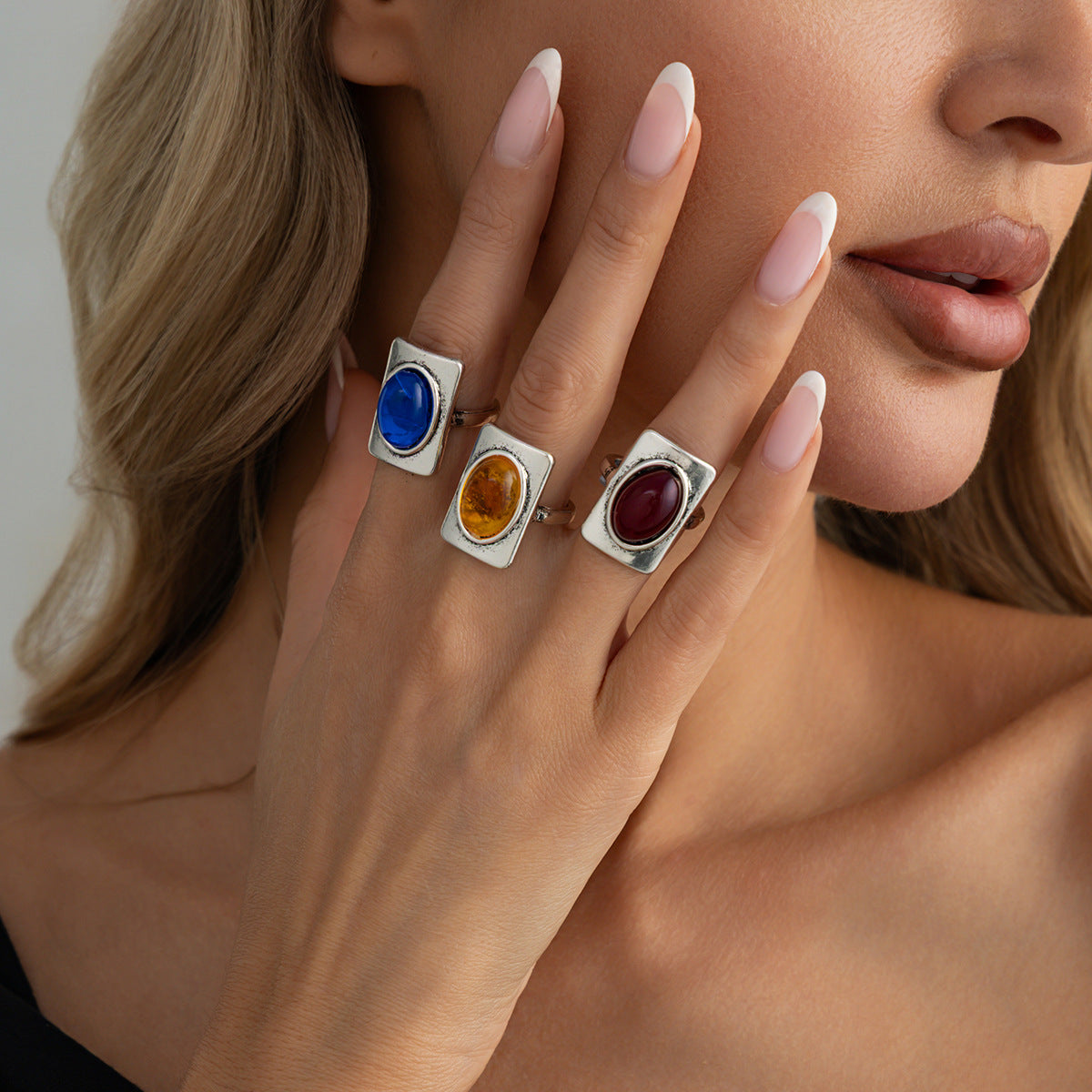 Vintage Square Oval Gemstone Zinc Alloy Plated Ring for Women