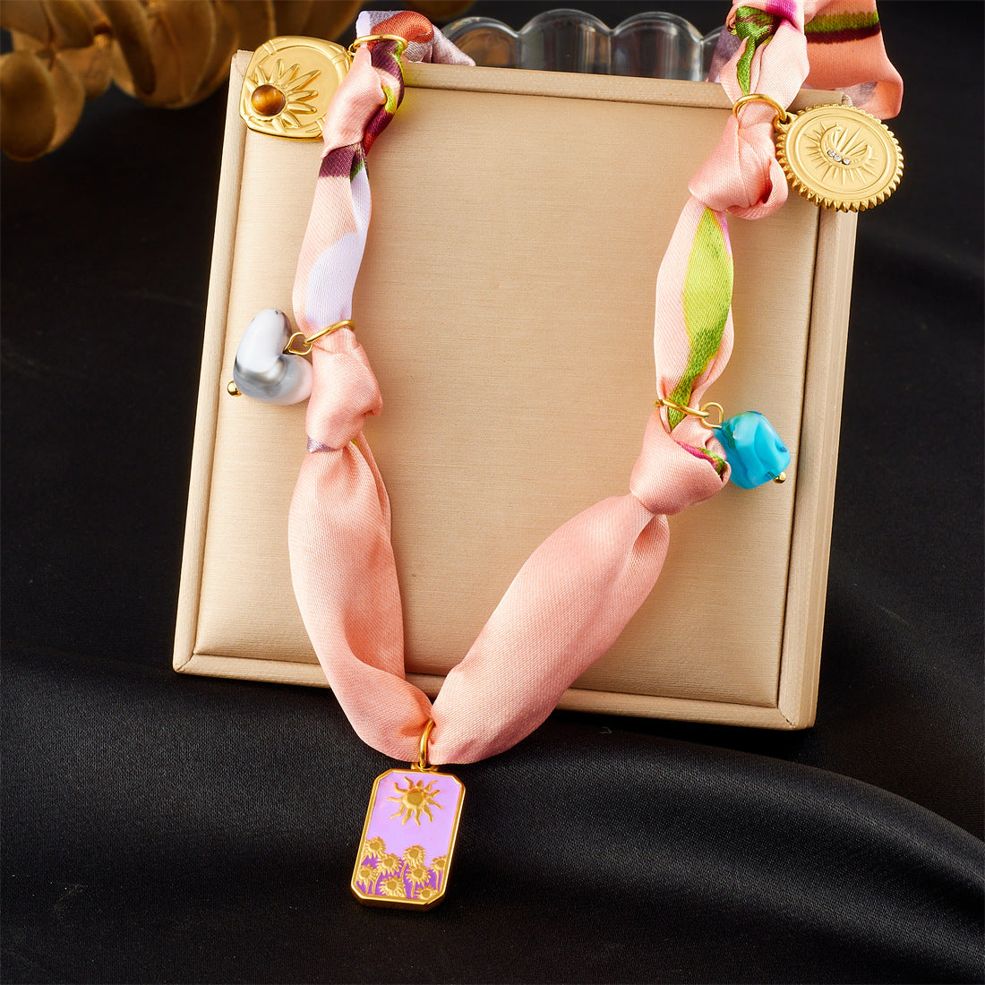 Elegant Gold Plated Stainless Steel Heart Moon Star Necklace with Colorful Floral Print and Knotted Chain for Women