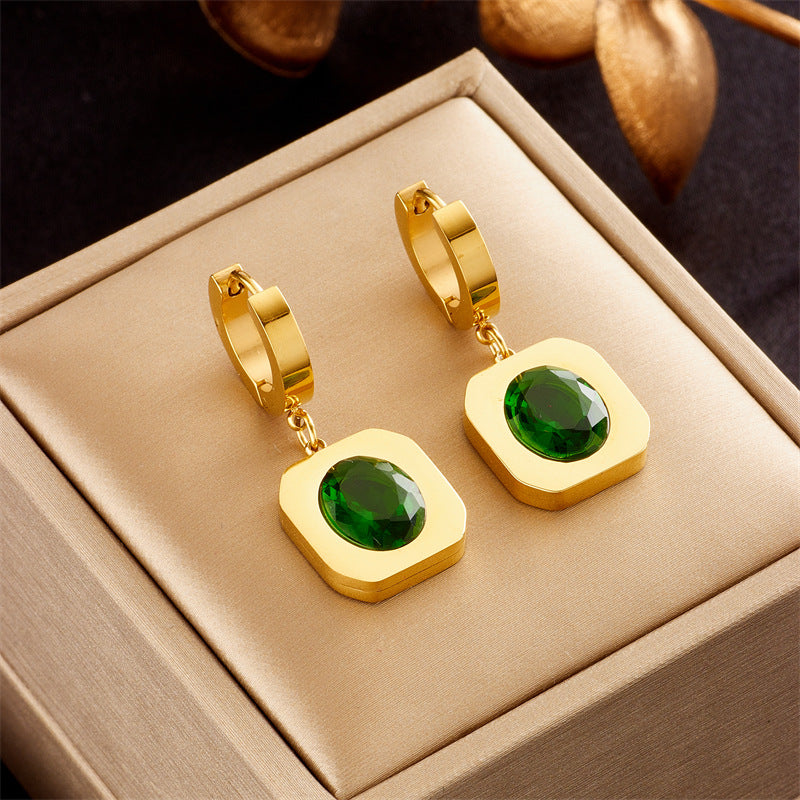 Vintage Minimalist Titanium Steel Emerald Zircon Earrings and Necklace Set for Women with Snake Chain and Inlay Craftsmanship