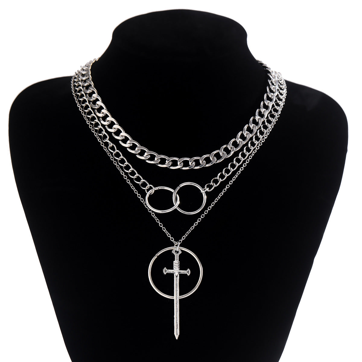 Collar con colgante en forma de espada, estilo hip-hop atrevido, con detalles de borlas y aleación galvanizada en cadena cruzada para mujer