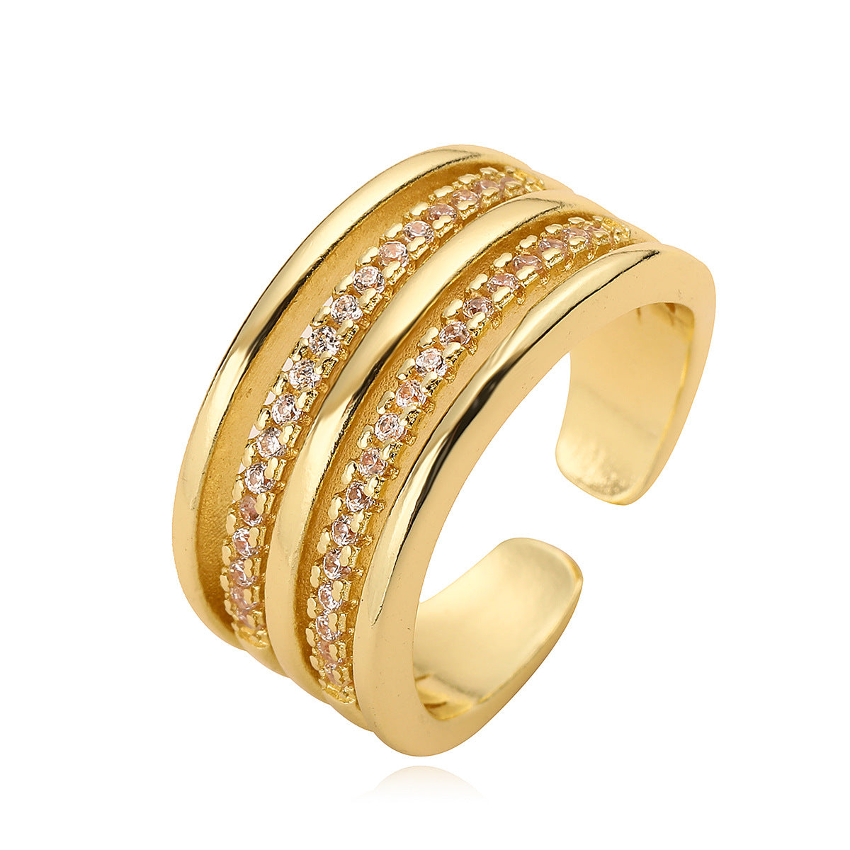 Minimalist Geometric Open Ring for Women with Micro-Paved Zirconia on Brass