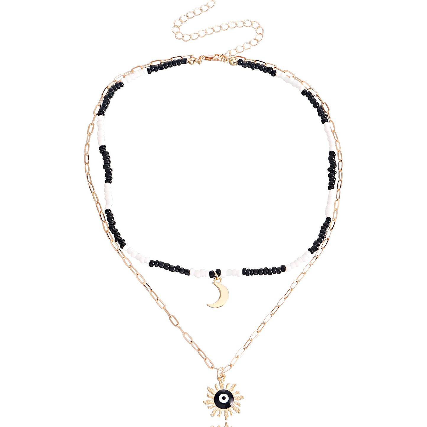 Bohemian Mixed-Color Miyu Moon and Evil Eye Pendant Necklace for Women with Alloy Construction and Electroplated Finish