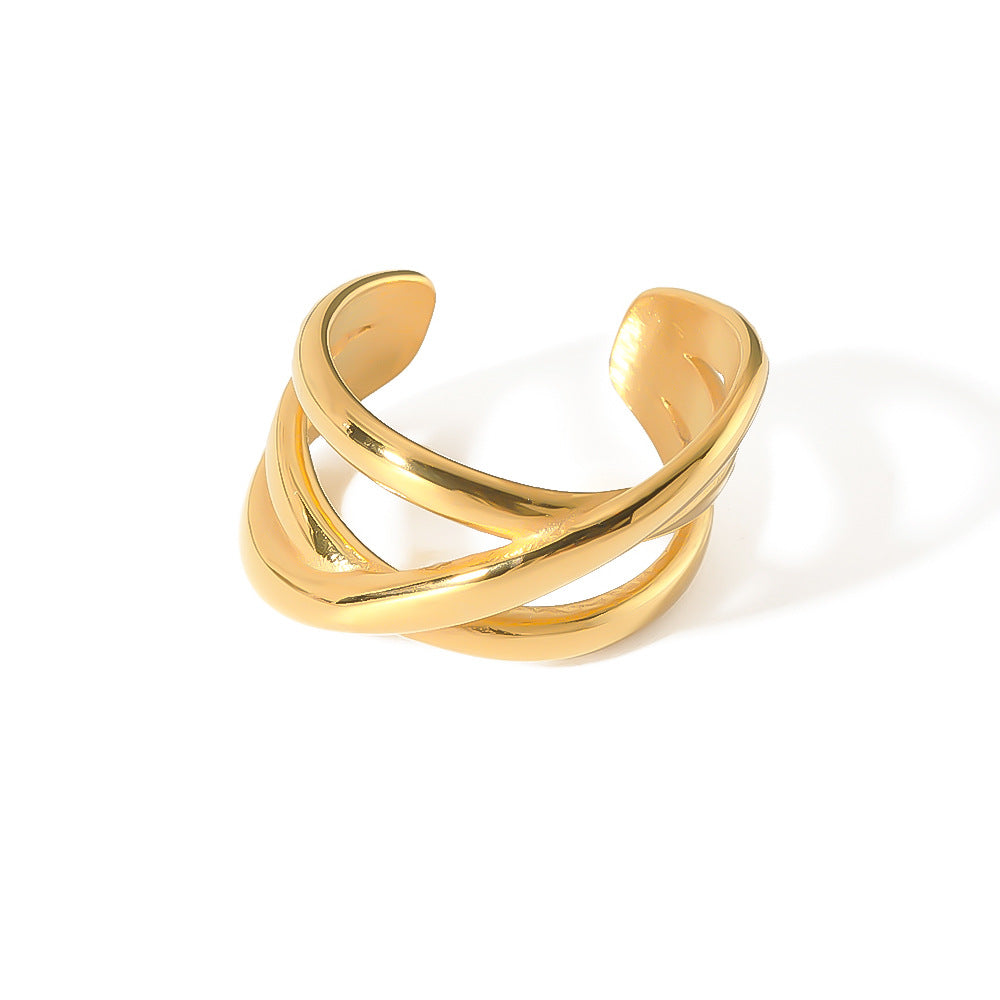 Vintage Geometric Open-Ended Stainless Steel Ring with 18K Vacuum Gold Plating for Unisex Wear