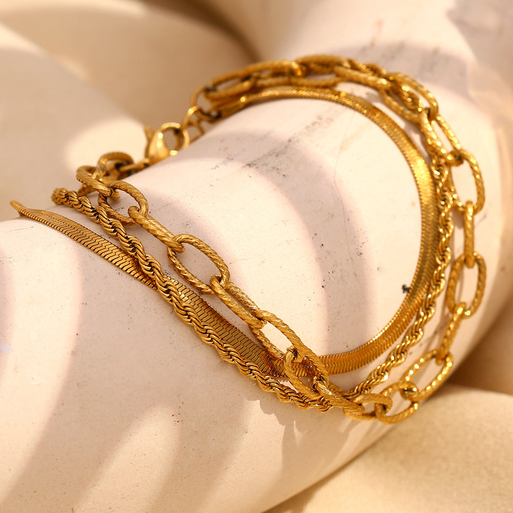 Fashionable Geometric Braided Paperclip Stainless Steel Plated 18K Gold Triple-Link Bracelet for Women