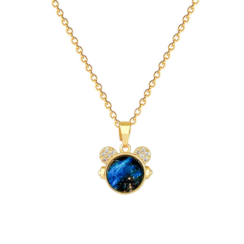 Cartoon Style Starry Sky Cat Pendant Necklace for Women Stainless Steel Delicate Clavicle Chain with Moon Motif