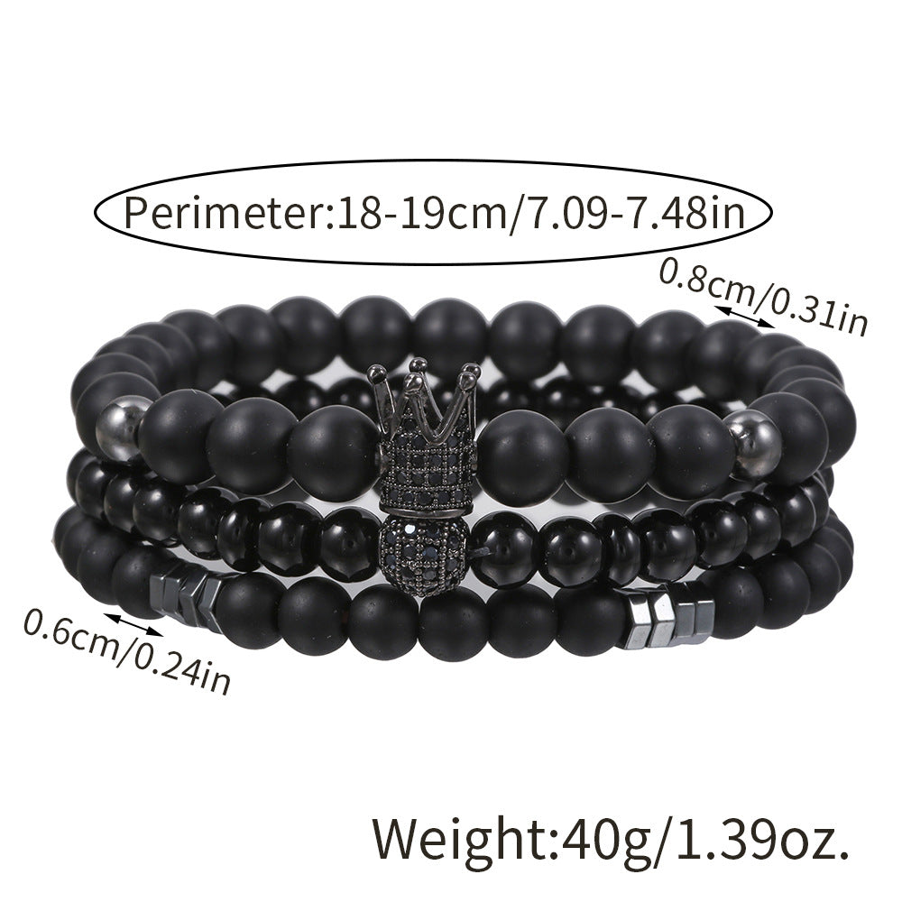 Matte Black Hematite Geometric Round Bracelet with Micro-Inlaid Cubic Zirconia Crown Beads for Unisex