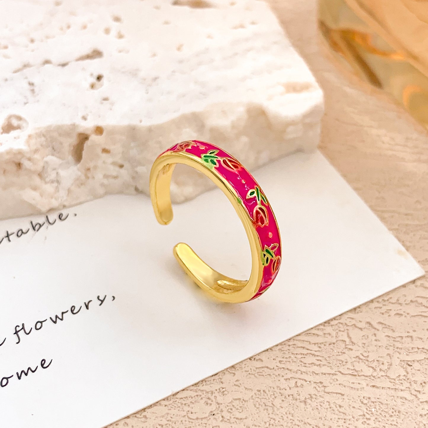 Anello regolabile da donna in lega smaltata, minimalista elegante, con motivo floreale