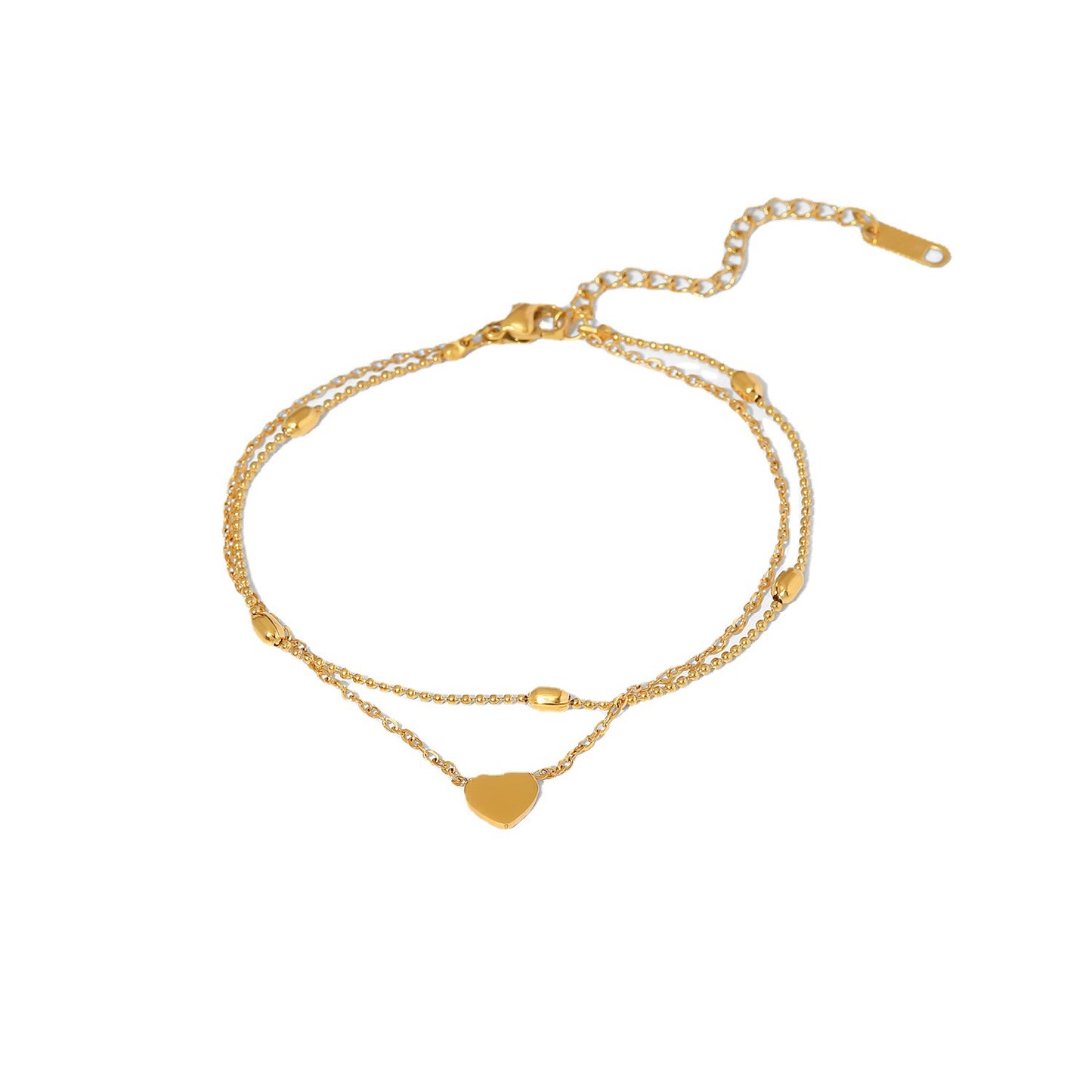 Minimalist Titanium Steel Anklet with 18K Gold Heart Pendant and Oval Beads Dual-Layer Women's Anklet Jewelry