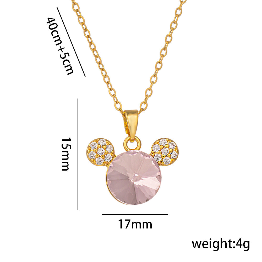Sweet Korean-Style Cartoon Mickey Mouse Pendant Necklace for Women in Titanium Steel with Gold Plating, Heart-Shaped Cute Pink Zircon Accents on O-Chain