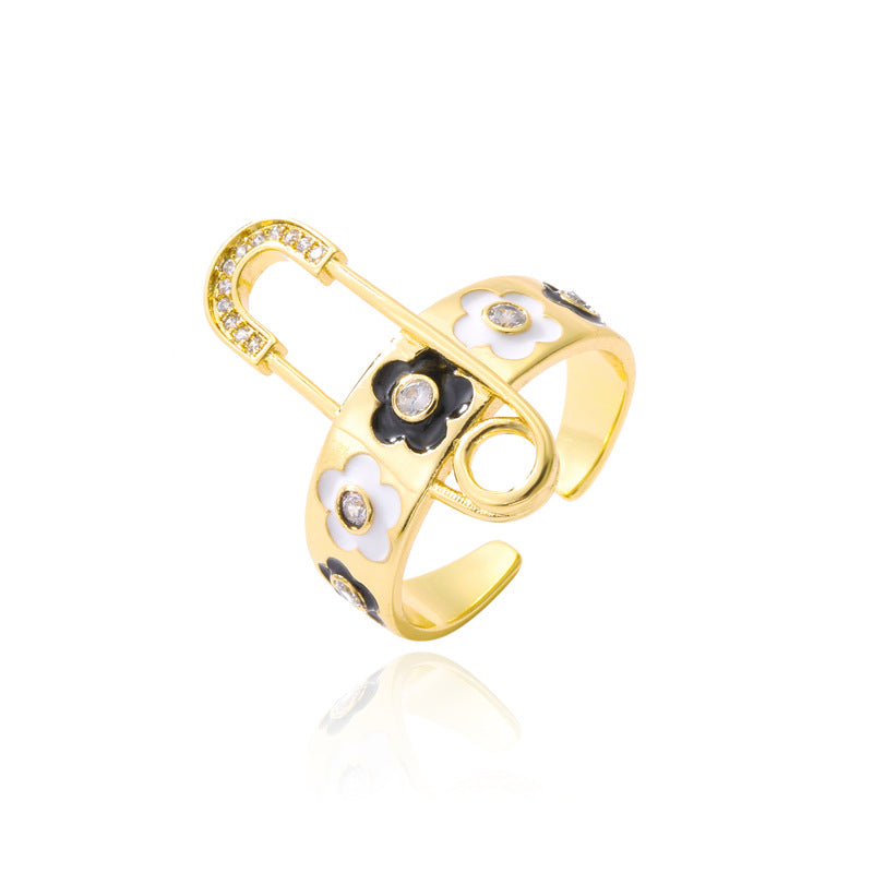 Elegant Geometric Floral Drip Oil Cubic Zirconia Inlay Brass Ring for Women