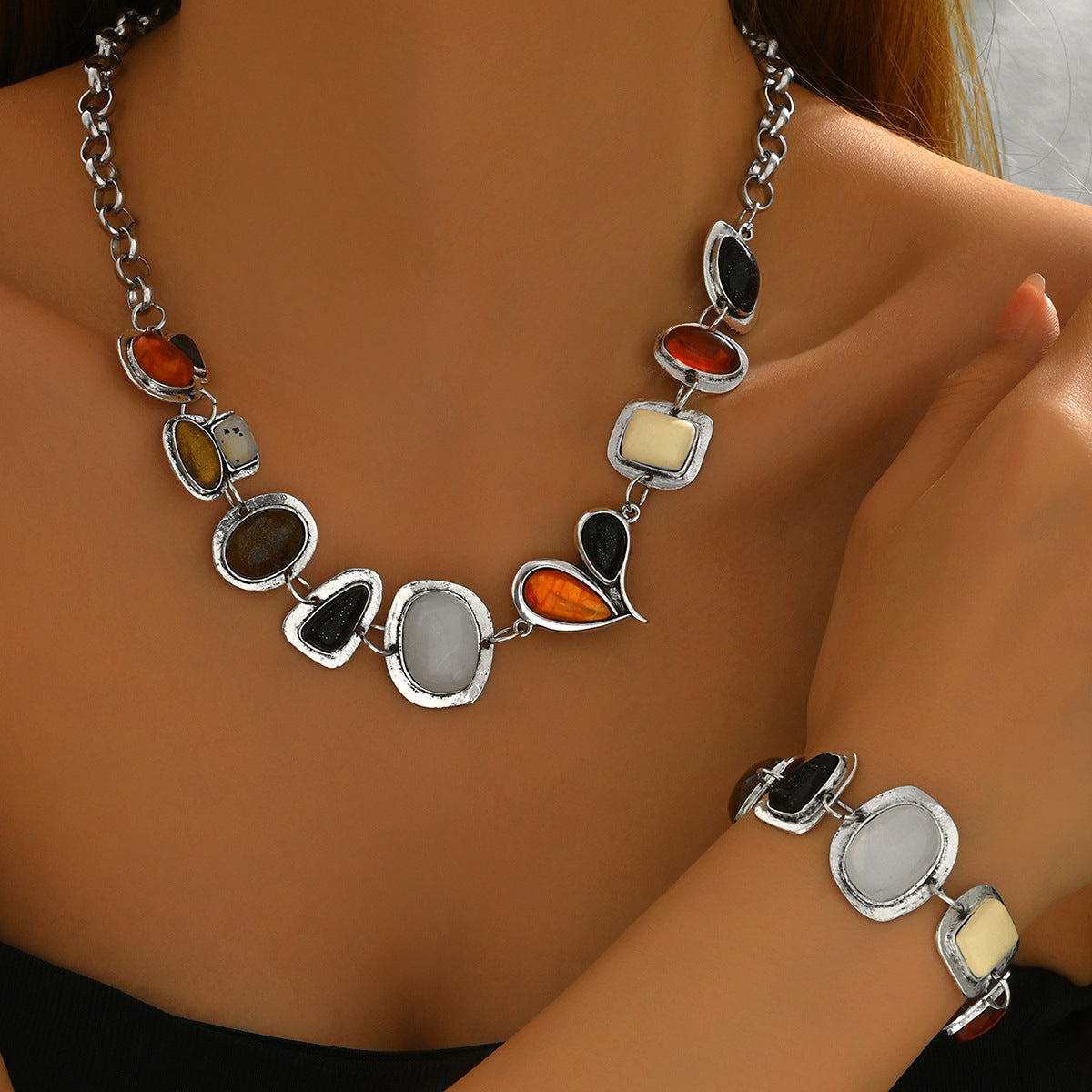 Luxury Geometric Shape Alloy Necklace and Bracelet Set with Gemstone Inlay for Women