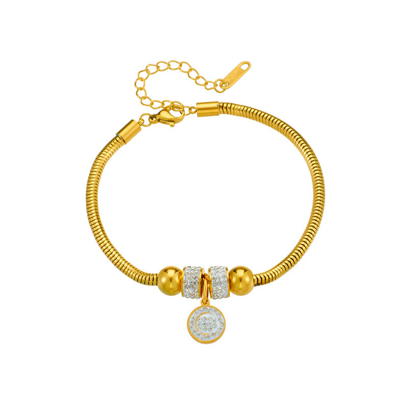 Fashionable Vintage Titanium Steel Beaded Round Pendant Bracelet with Rhinestone Inlay and Plated Finish