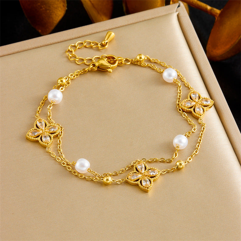 Luxury Elegant Geometric Floral Rhinestone Inlay Stainless Steel Double Layer Bracelet with Pearl
