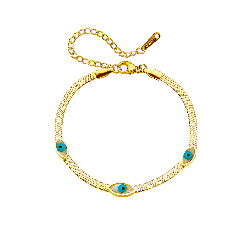 Minimalist Retro Oval Blue and White Eye Titanium Steel Plated Bracelet for Women