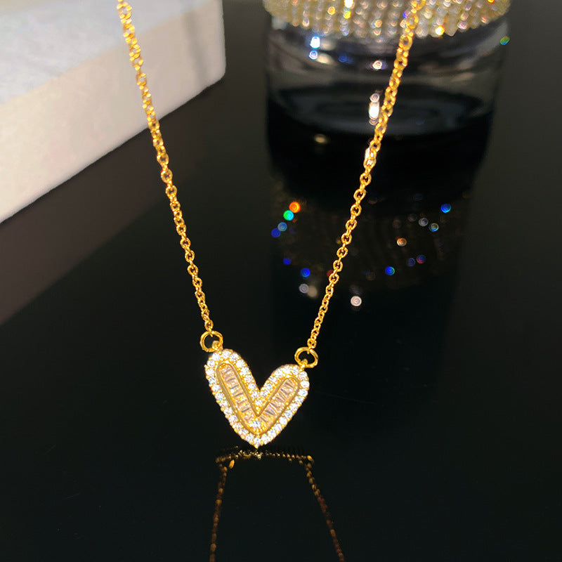 Sweet Sporty Heart Titanium Steel Gold Plated Necklace with Cubic Zirconia Brass Pendant Cable Chain Unisex