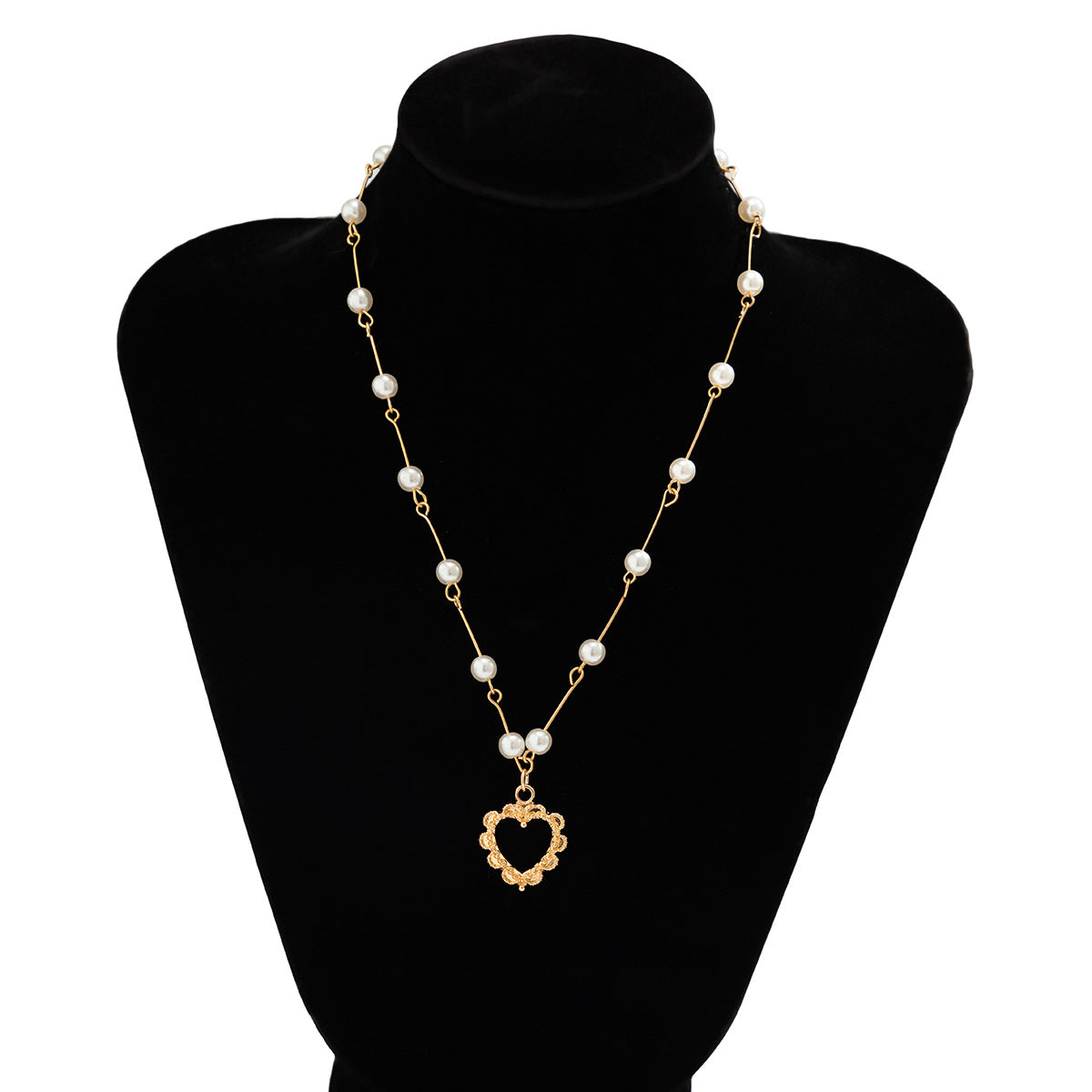 Rustic Floral Style Hollow Heart-Shaped Alloy Pendant Necklace for Women with Electroplated Finish and Beaded Chain