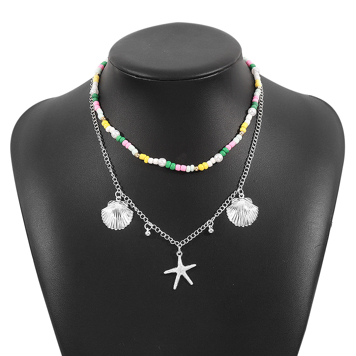 Collar con colgante de conchas marinas naturales y estrellas de mar con cuentas geométricas y cadena de aleación para mujer
