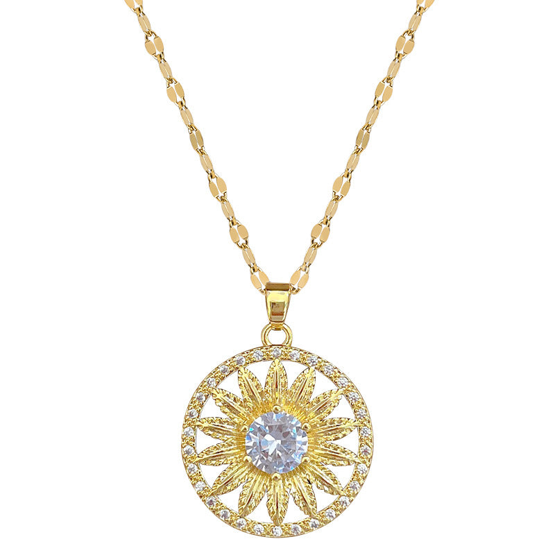 Collana pendente girasole minimalista in acciaio al titanio con intarsio di strass da donna e unisex, delicata catena per clavicola
