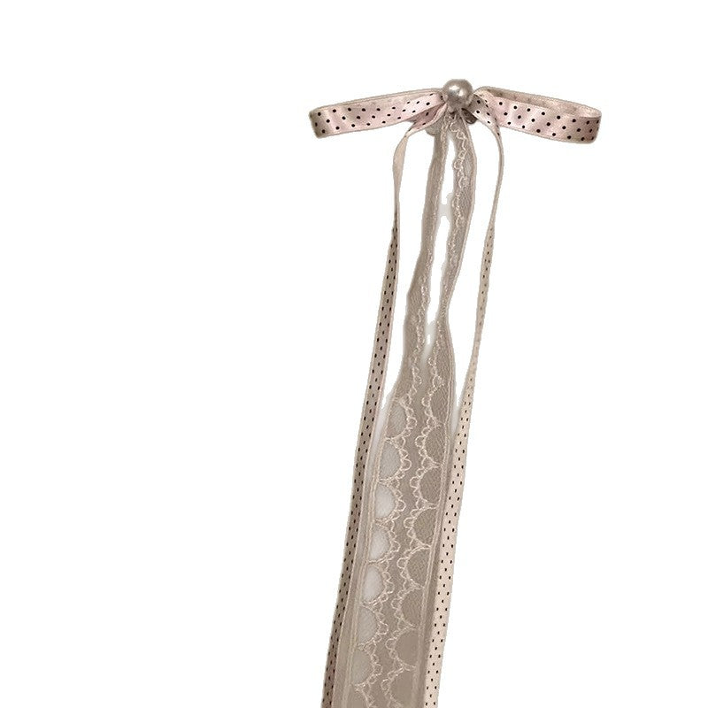 Elegante fermaglio per capelli da donna con fiocco e perle, design a pois in pizzo, molletta a becco d'anatra minimalista in tessuto e perle simulate