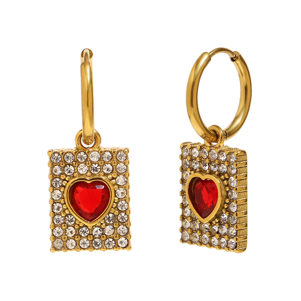 Minimalist Geometric Red Heart Stainless Steel Earrings with 18K Gold Plating and Full Rhinestone Inlay for Women