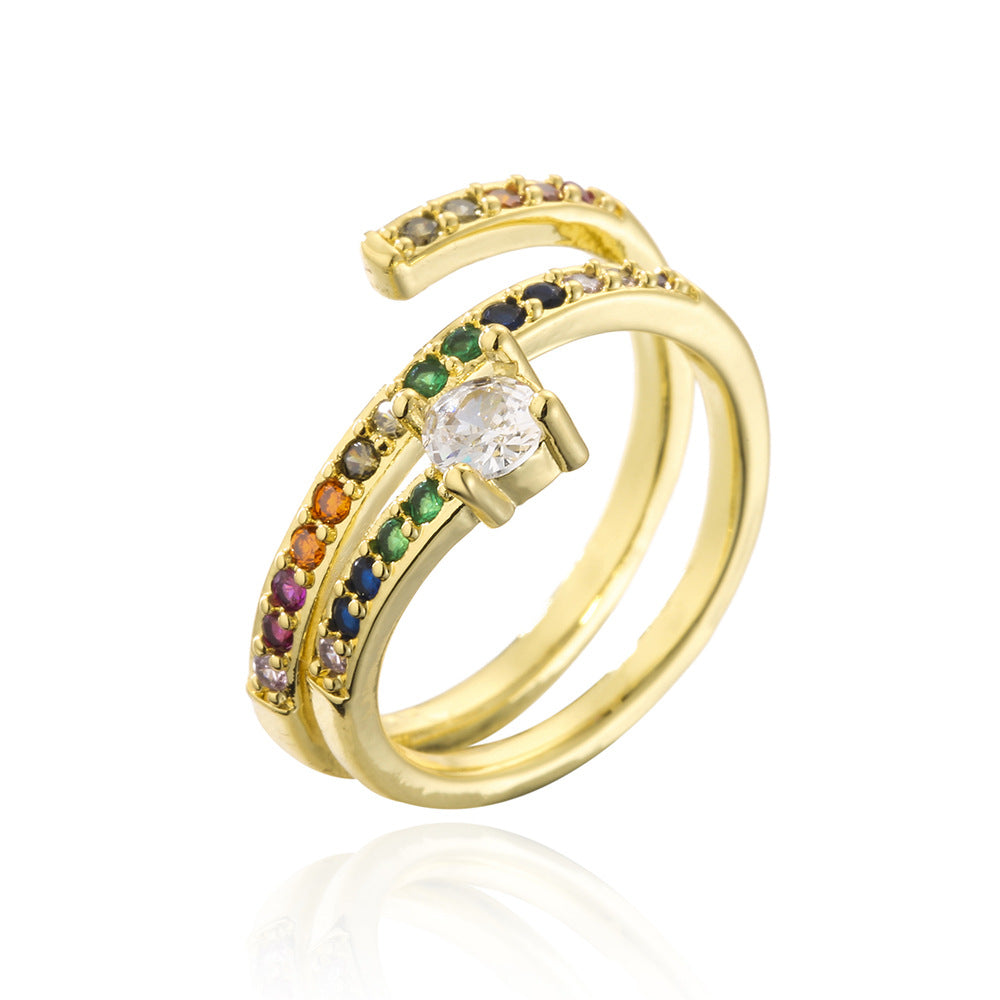 Anello aperto geometrico irregolare da donna in rame con placcatura in oro 18 carati, intarsio in zircone e accento in perla