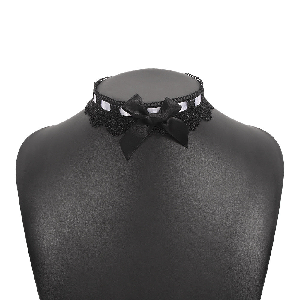 Collar corto minimalista con lazo de encaje, base de aleación y detalle de tela para mujer