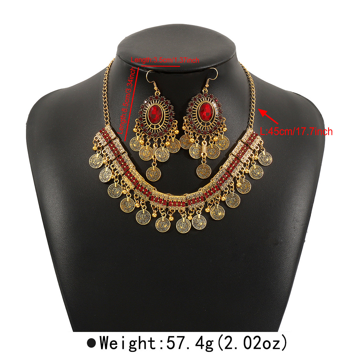 Set Collana e Orecchini Bohemian Vintage con Fantasia Geometrica, Ciondolo Imitazione Perla, Intarsio di Strass, Nappina e Catena Regolare
