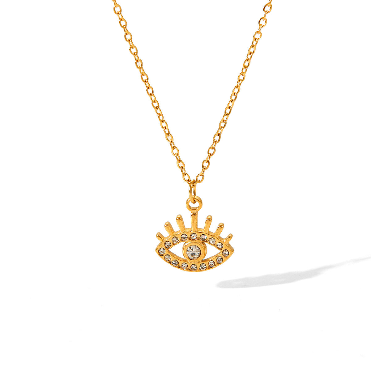 Collana con Pendente Occhio Turco in Acciaio Inossidabile Placcato Oro 18K Stile Geometrico Ins con Intarsio di Strass da Donna