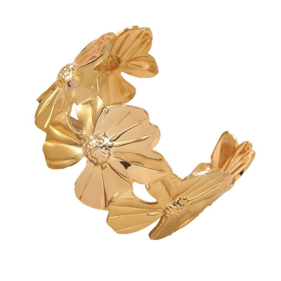 Vintage Luxury Floral Stainless Steel Drip Oil Wide Open Cuff Bracelet for Women