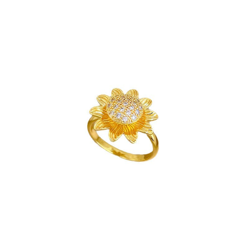 Sweet Minimalist Gold Plated Brass Rotating Sunflower Ring Adjustable Cartoon Design for Women and Couples