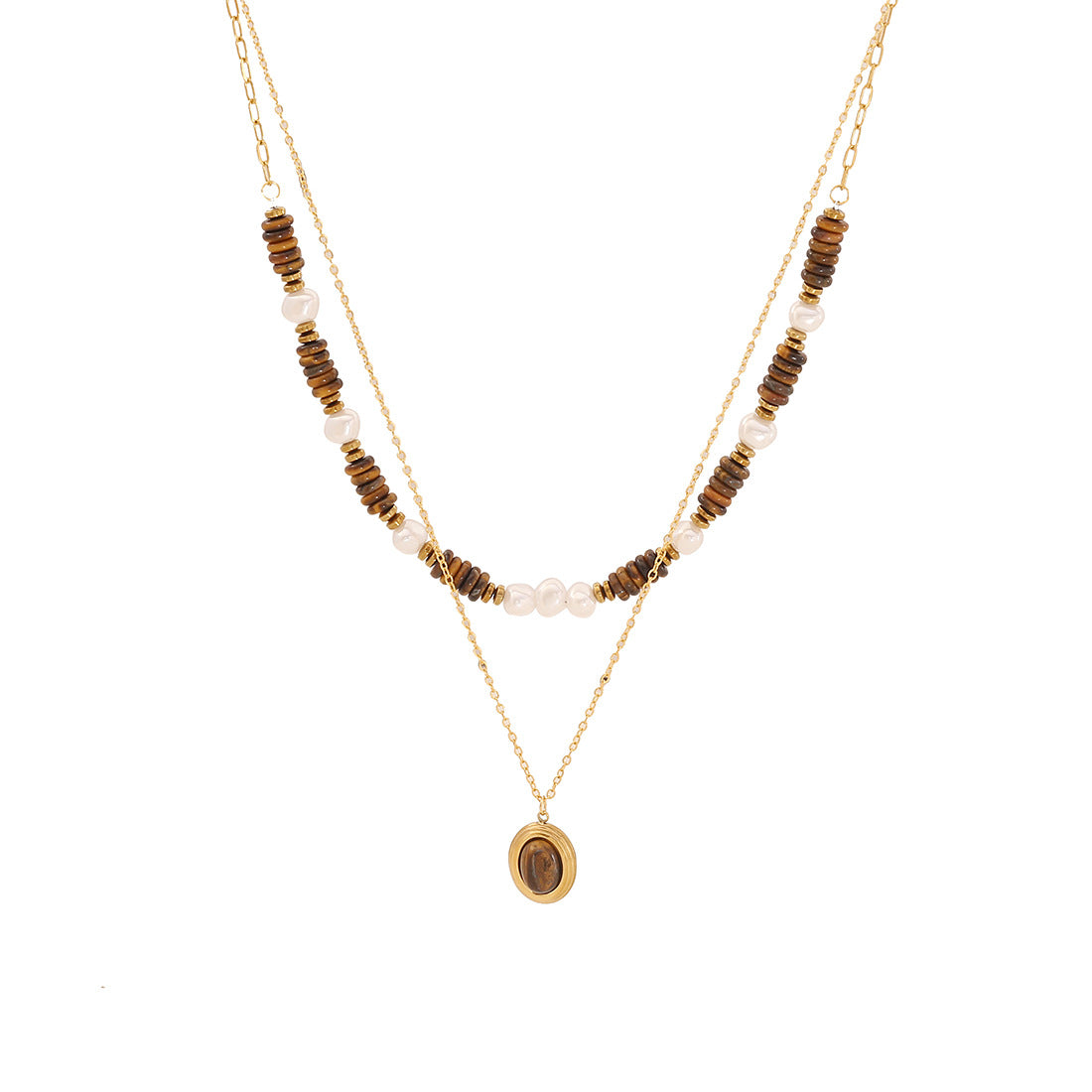 Rustic Vintage Style Heart-Shaped Stainless Steel Beaded Necklace with Double Layer Chain