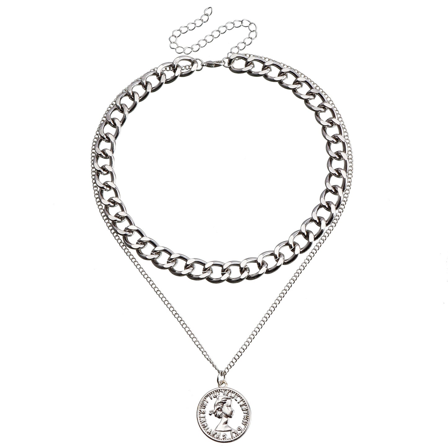 Vintage Double-Layer Hollow Geometric Pendant Necklace for Women with Plated Metal Chain